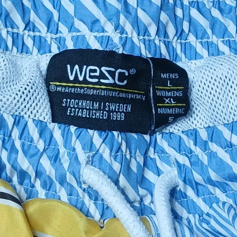 WeSC Swim Trunks Mens Large Blue‎ Yellow Striped Colorblock Board Shorts